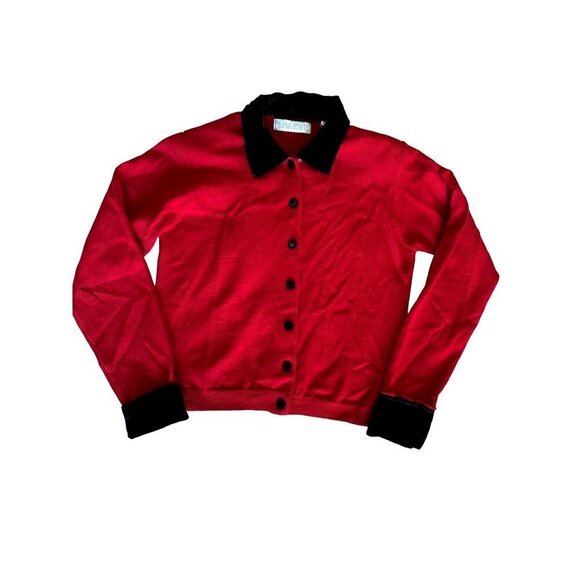 Vintage Valerie Stevens Red Sweater Cardigan Black Velvet Trim Merino Wool Sz M - Picture 11 of 11
